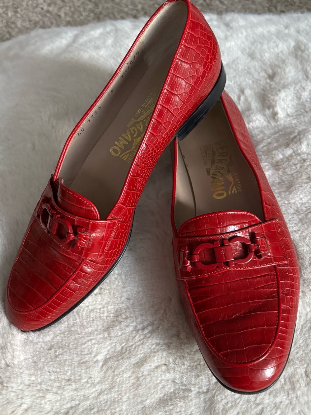 Salvatore Ferragamo Red Croc-Embossed Leather Bit Loafers 7.5 C